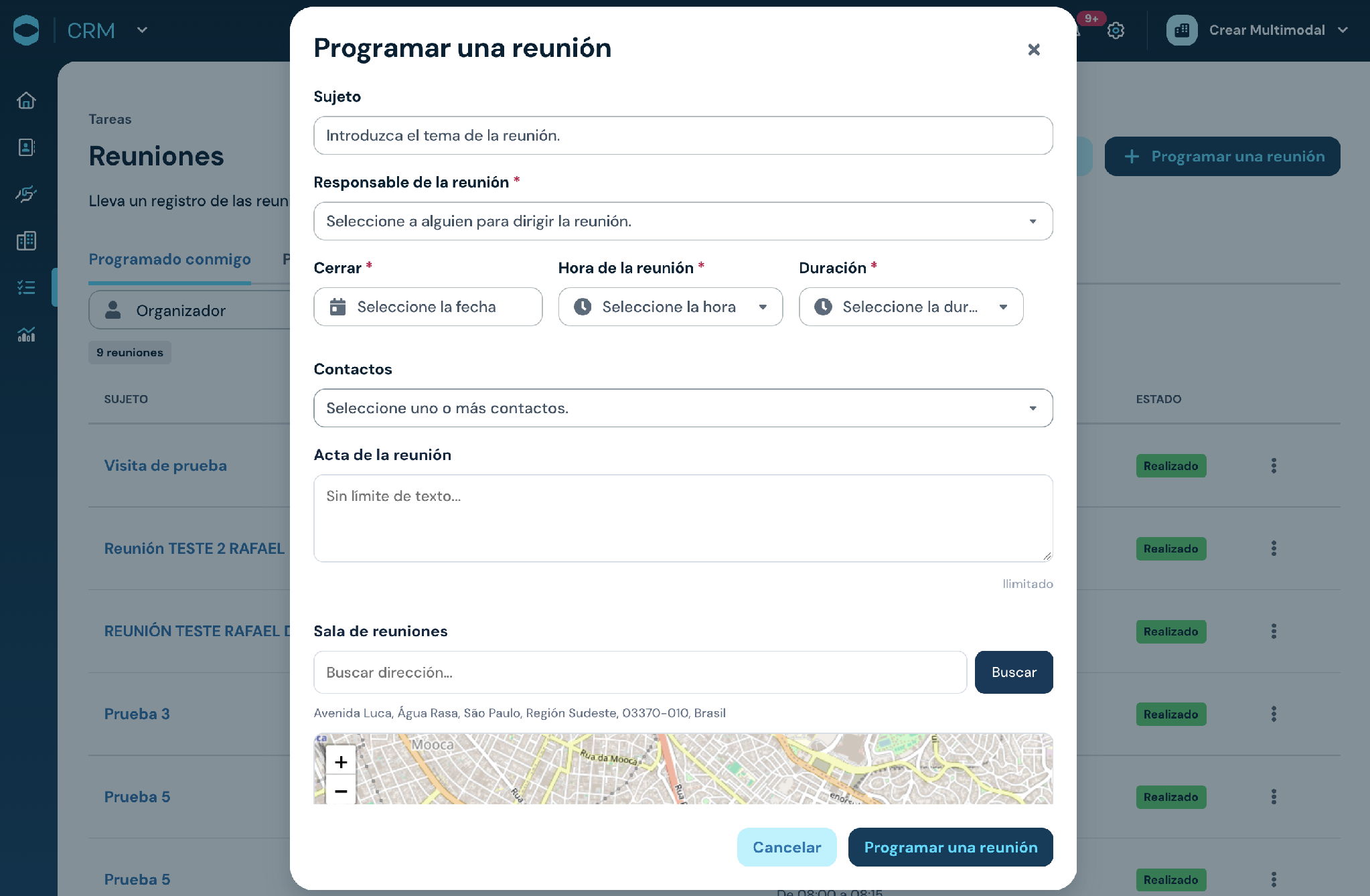Módulo de Visitas BW8 no RD Station CRM: agendamento de reunião com ata ilimitada, localização da visita com mapa e endereço integrado