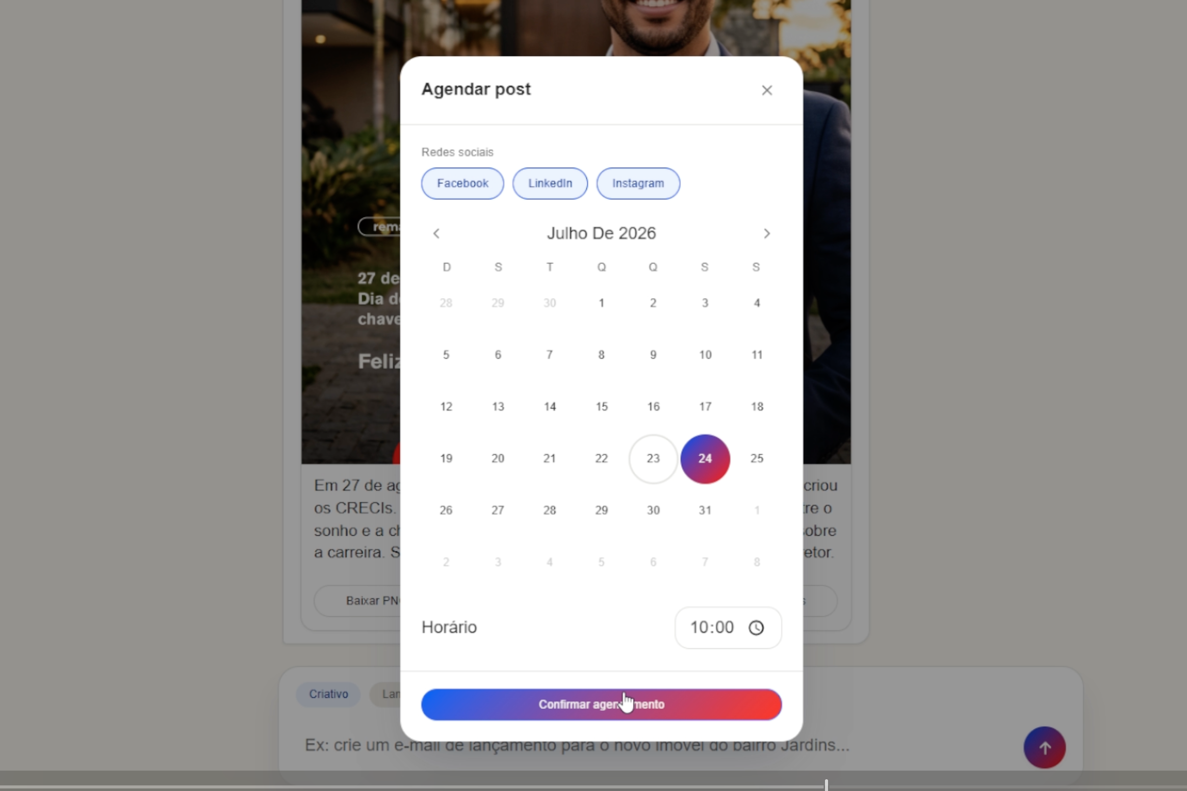 Modal de agendamento de publicações da plataforma AI Brand Studio